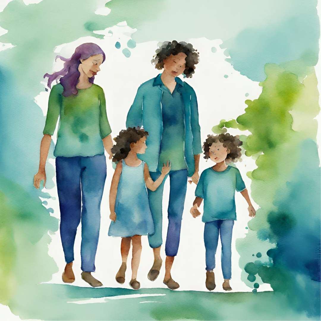 watercolor image of white and a black mom walking and talking with their 2 mixed race kids 