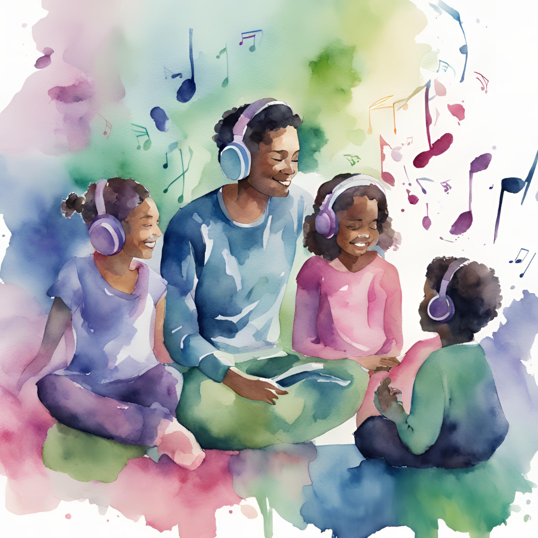 Watercolor image of black parent listening to music with their 3 kids