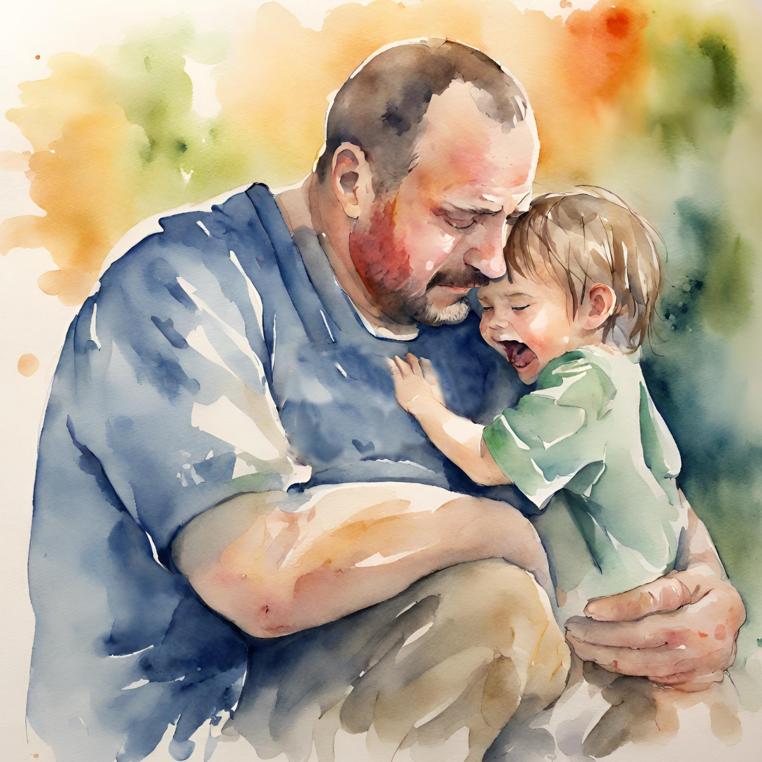 Father comforting his young chid in watercolor