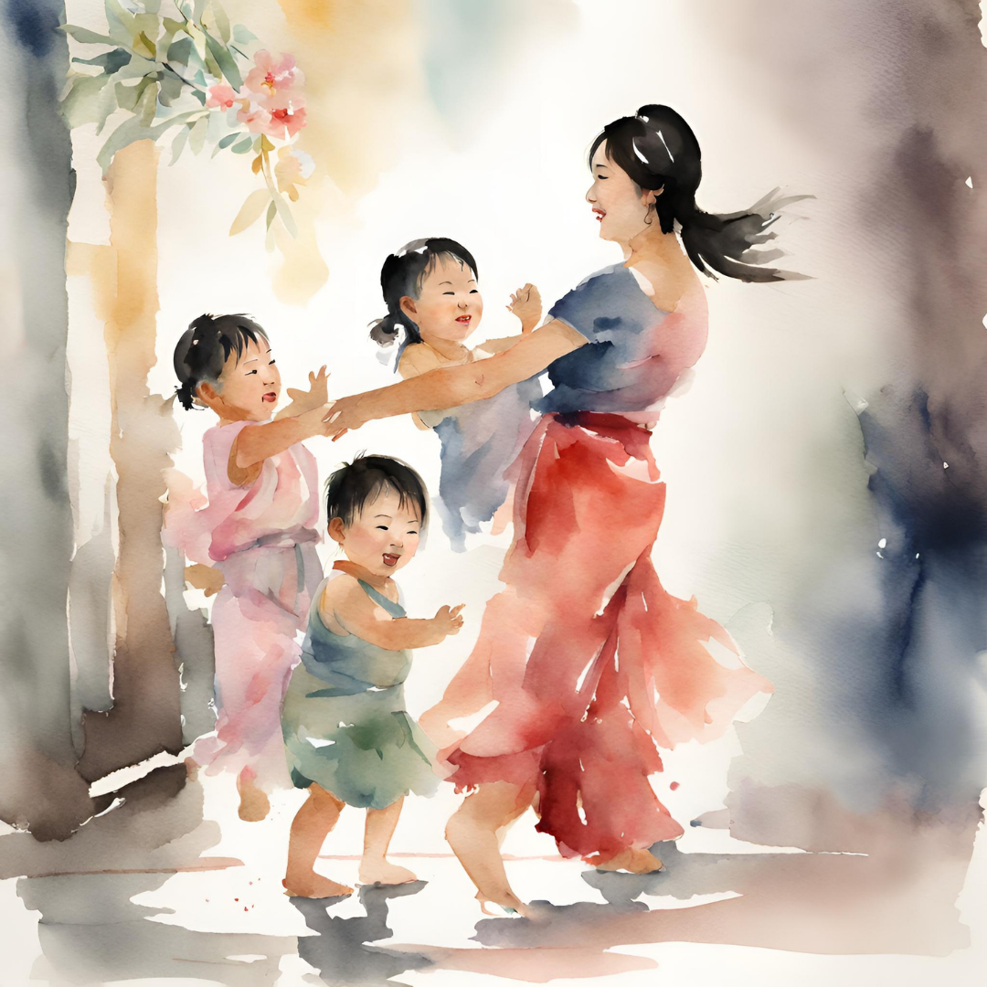 Watercolor image of an Asian mom dancing with her 3 kids